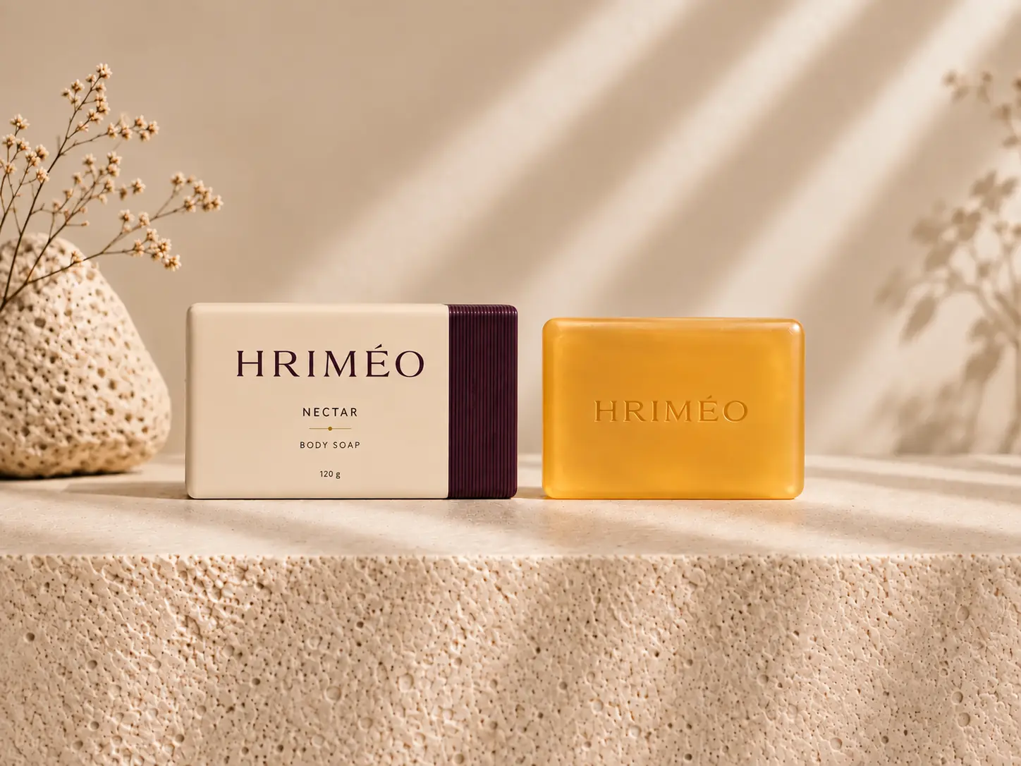 HRIMÉO Golden Nectar Body Soap as a honey-gold bar beside its warm beige carton with aubergine ribbed detail